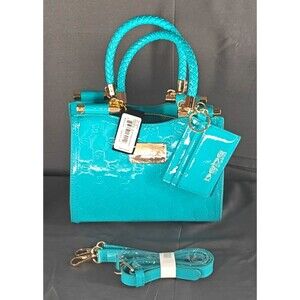 NWT Bebe Dana Monogram Patent Teal Crossbody Handbag Capri Blue RV $109